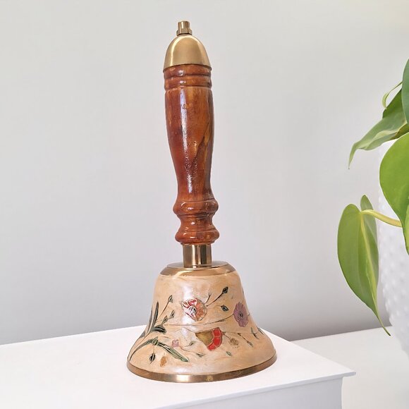 Vintage Brass & Wood Bell - Floral Cloisonne - Picture 1 of 5
